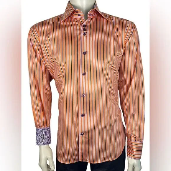 Striking Bertigo Tangerine/Hot Pink/Purple Striped L/S Dress Shirt NWOT Sz 5(XL) - Picture 5 of 9